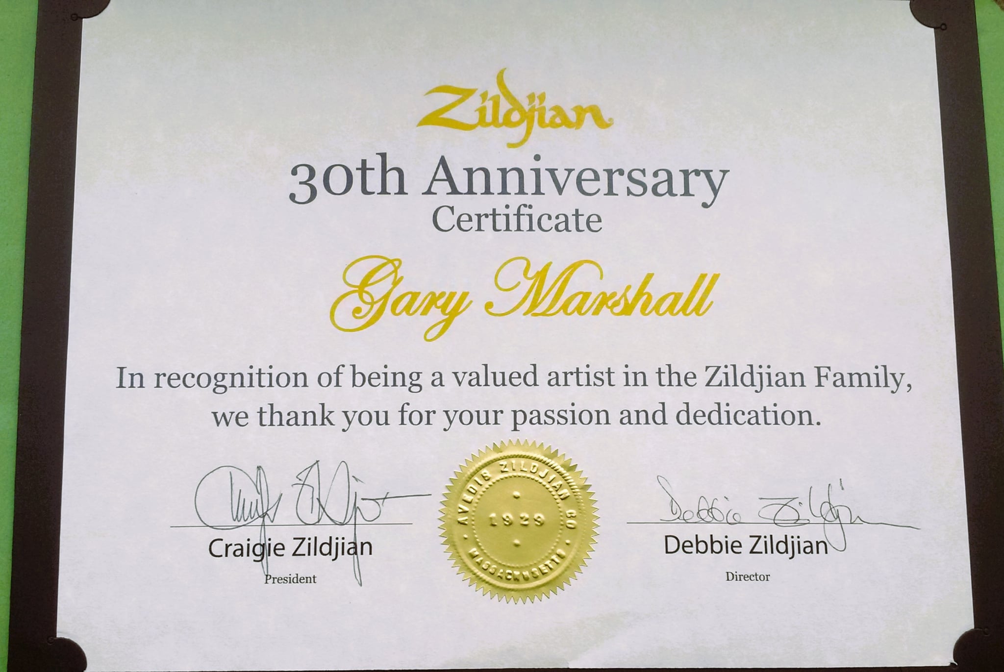 Zildjian 30th Anniversary Certificate